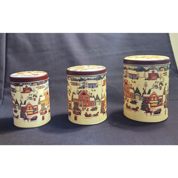 Christmas Tins with Snow Town Scene Looks New 3 pc 5 1/2", 5", 4 1/2" - Picture 4 of 7